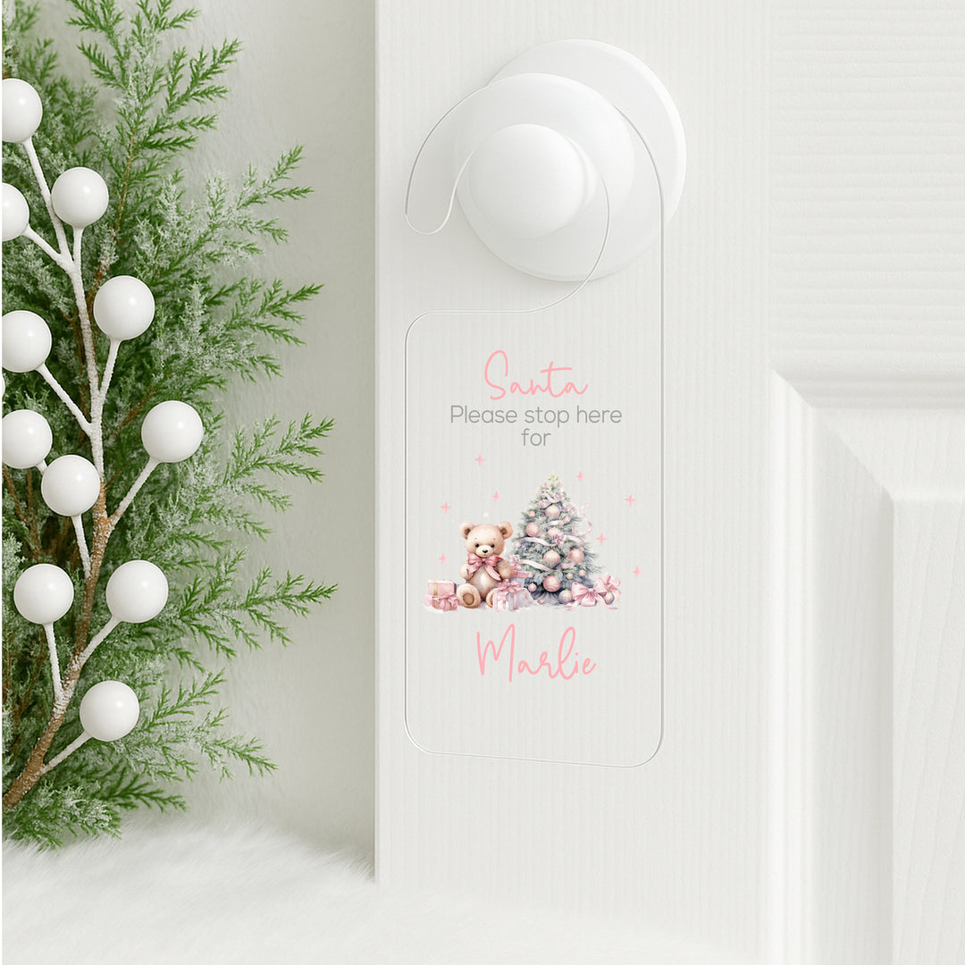 Personalised Pink Teddy Santa Stop Here Door Sign