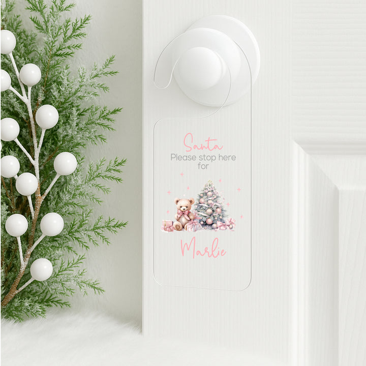 Personalised Pink Teddy Santa Stop Here Door Sign