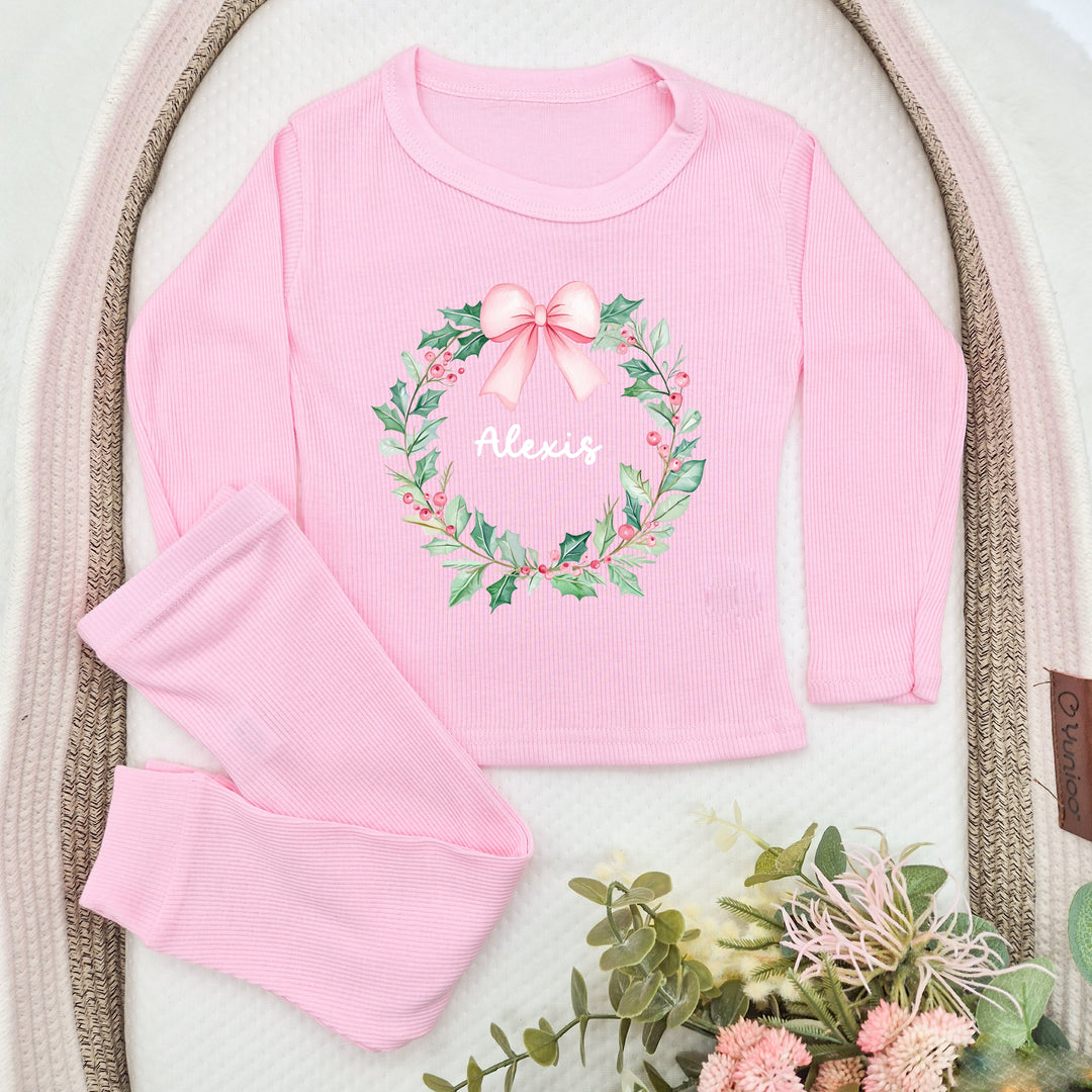 Personalised Pink Wreath Christmas Ribbed Loungewear