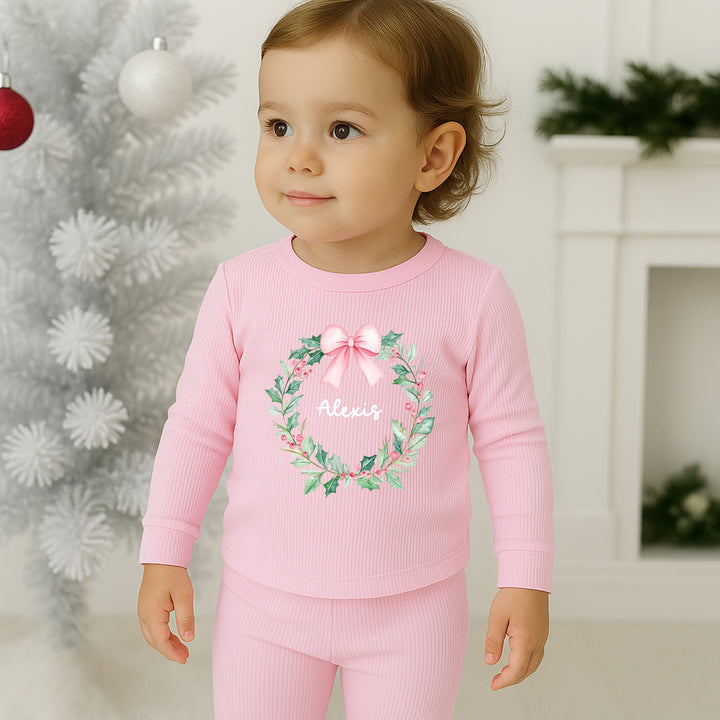 Personalised Pink Wreath Christmas Ribbed Loungewear