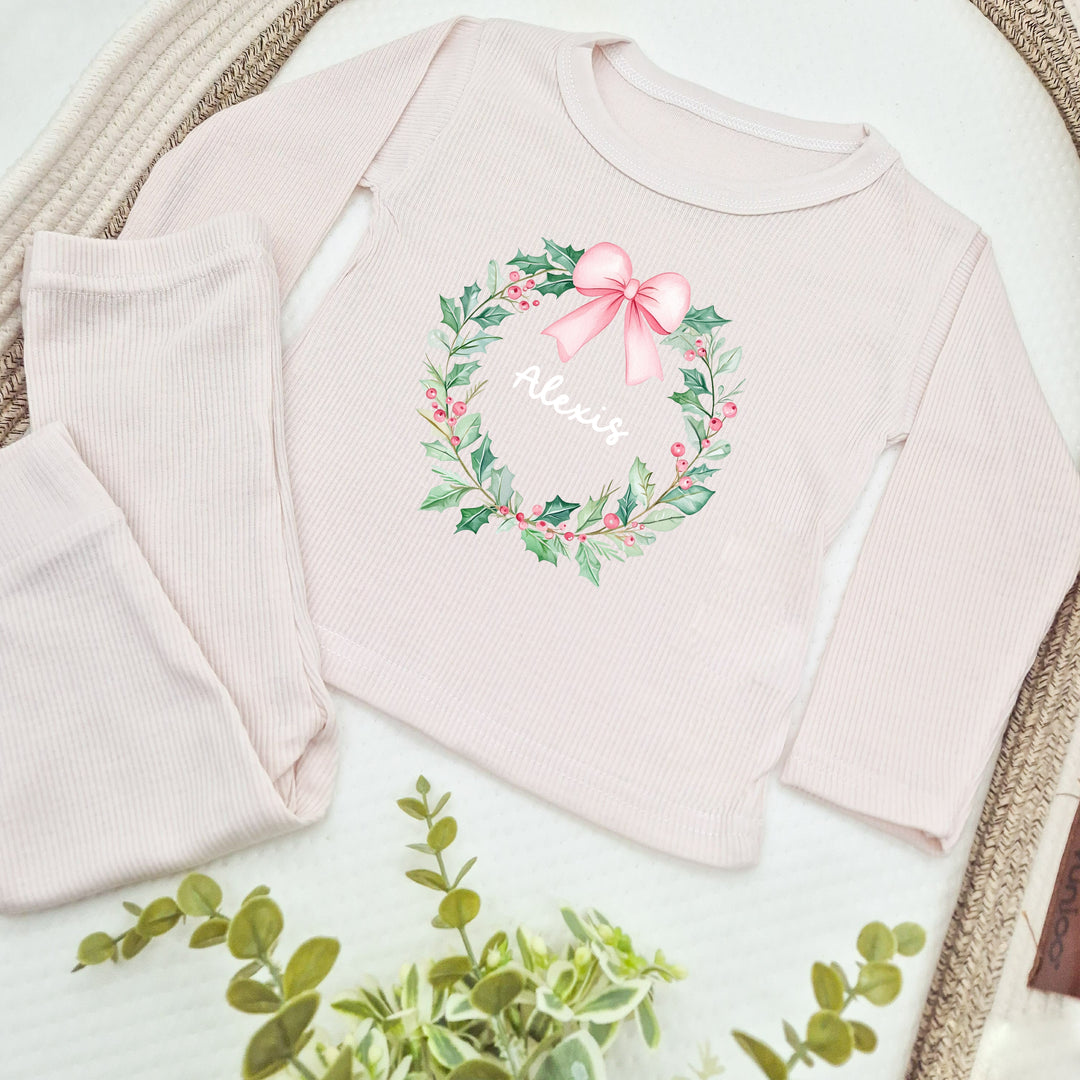 Personalised Pink Wreath Christmas Ribbed Loungewear