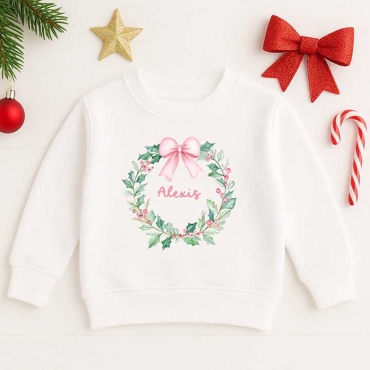 Personalised Kids Pink Wreath Christmas Jumper