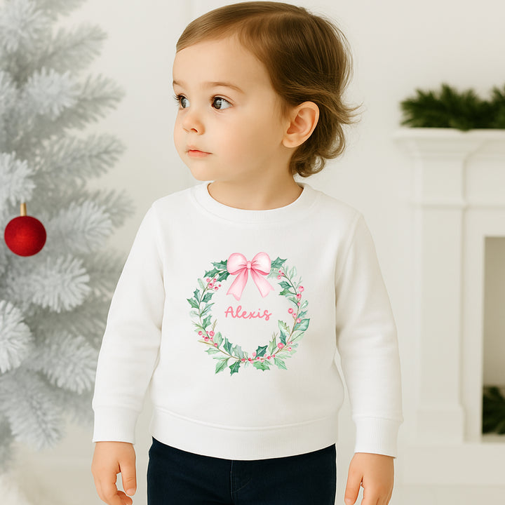 Personalised Kids Pink Wreath Christmas Jumper