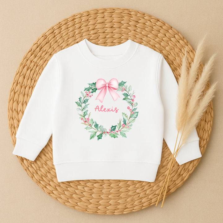 Personalised Kids Pink Wreath Christmas Jumper
