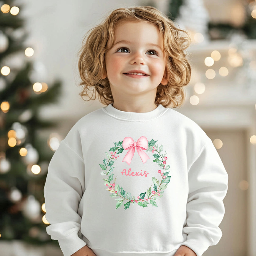 Personalised Kids Pink Wreath Christmas Jumper