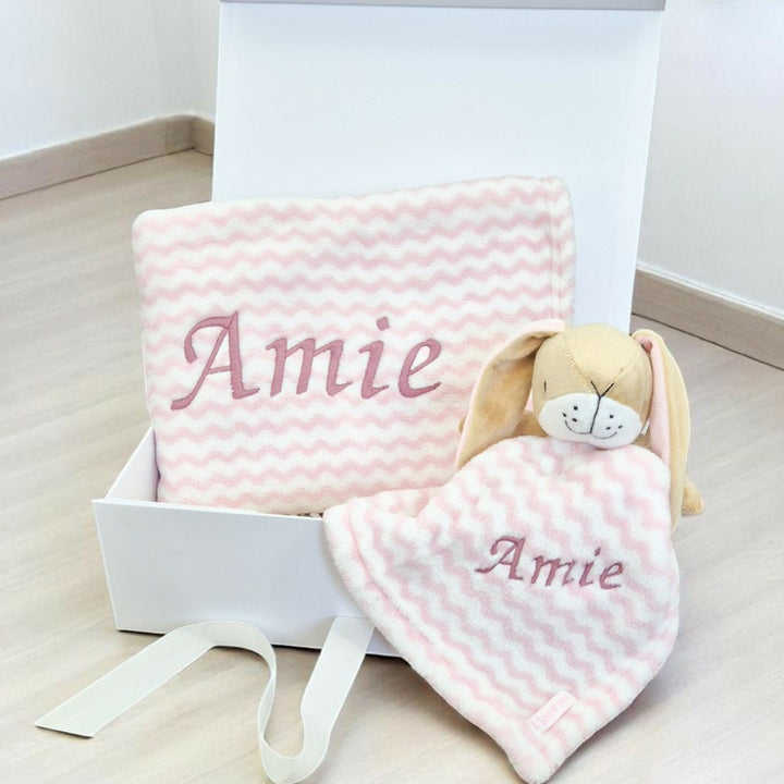 Girls Pink Stripes Bunny & Blanket Personalised Gift Hamper Set