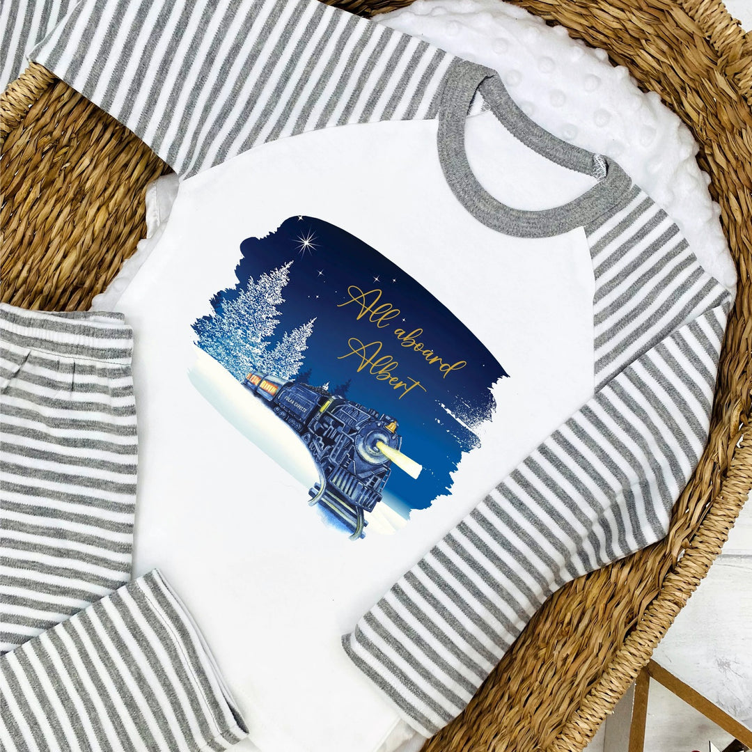 Personalised Christmas Train Grey Striped Pyjamas