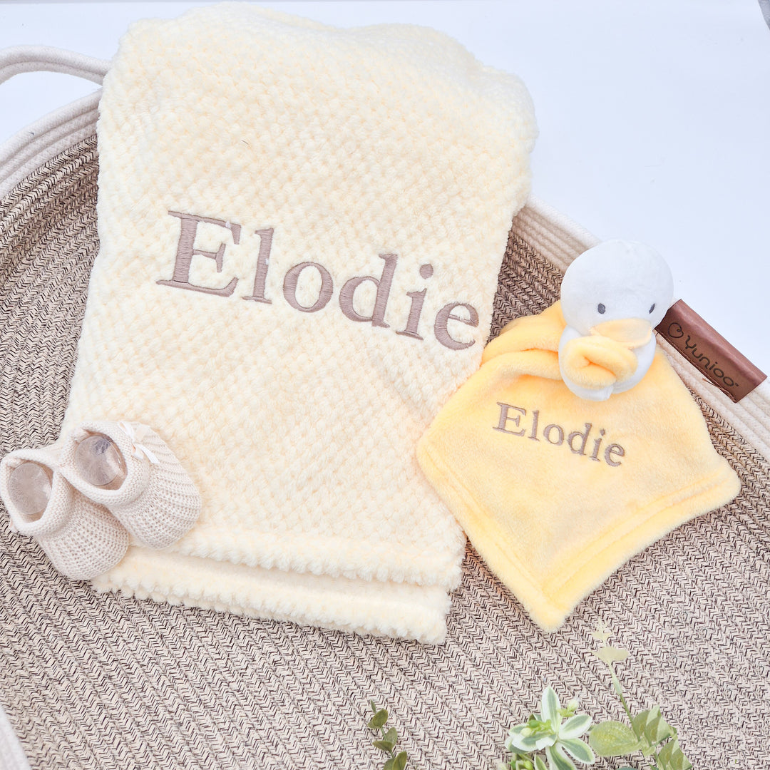 Unisex Yellow Blanket and Duck Comforter Personalised Gift Hamper Set