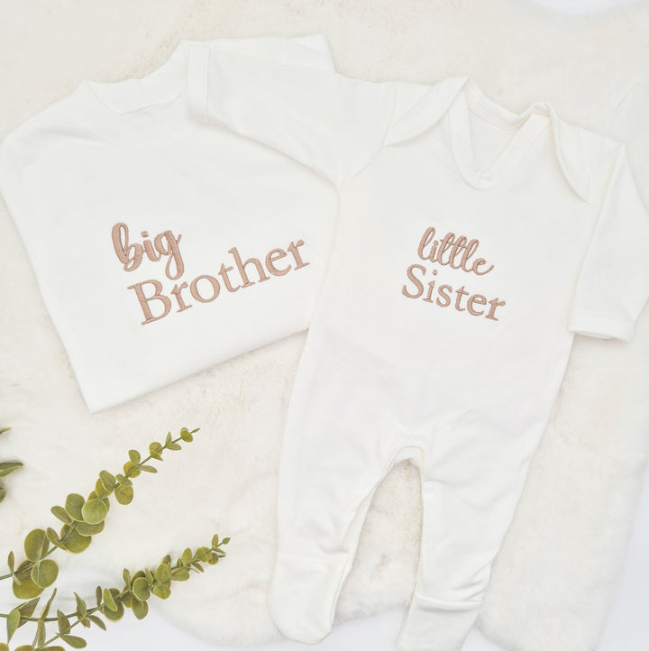 Personalised Embroidered Script Sibling Matching Babygrow/T-shirt