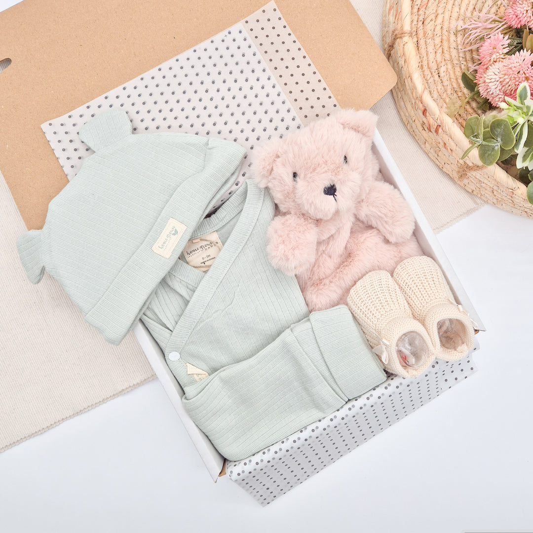 Unisex Sage Green Clothing and Teddy Comforter Gift Hamper