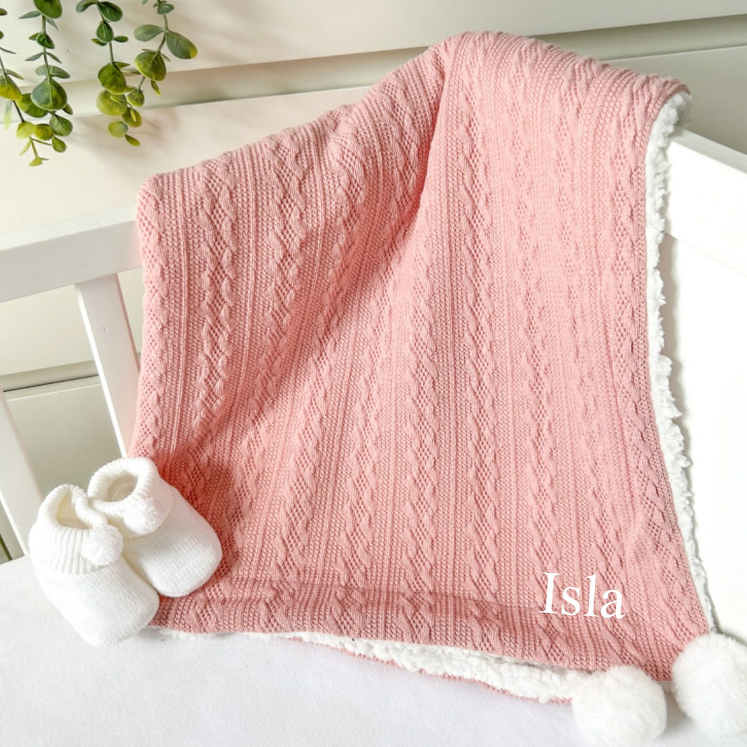 Personalised Embroidered Rose Pink Baby Knitted Pompom Blanket