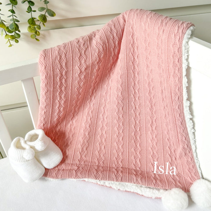 Personalised Embroidered Rose Pink Baby Knitted Pompom Blanket