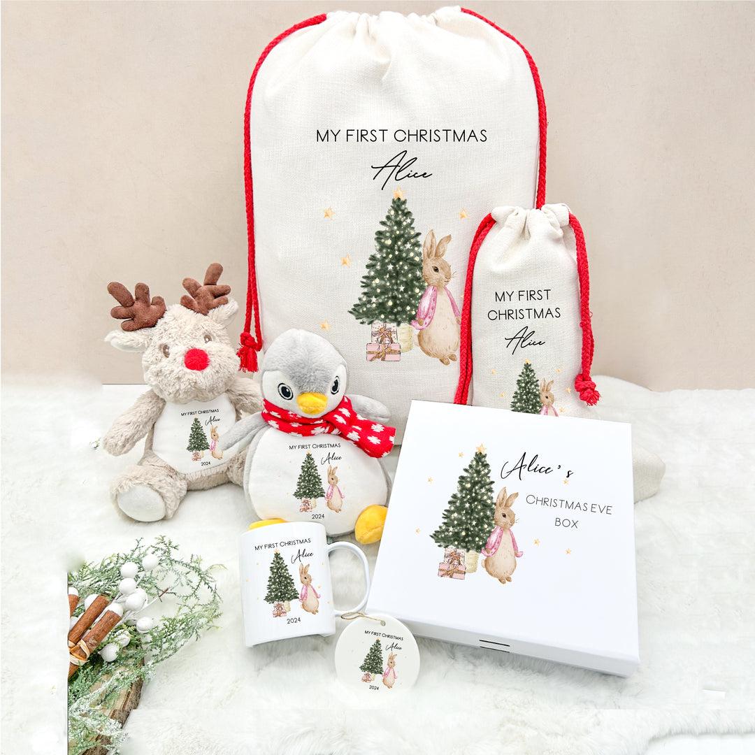 Personalised Pink Rabbit Christmas Santa Sack, Stocking, Mug, Bauble, Christmas Eve Box, Teddy