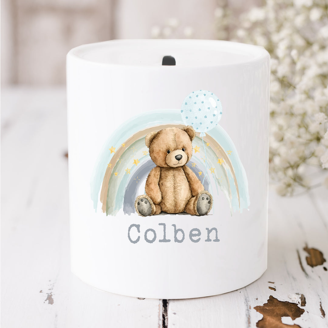 Personalised Blue Teddy Rainbow Ceramic Money Box