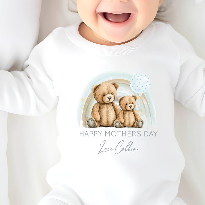 Personalised Happy Mothers Day Blue Teddy Bear Babygrow/Vest
