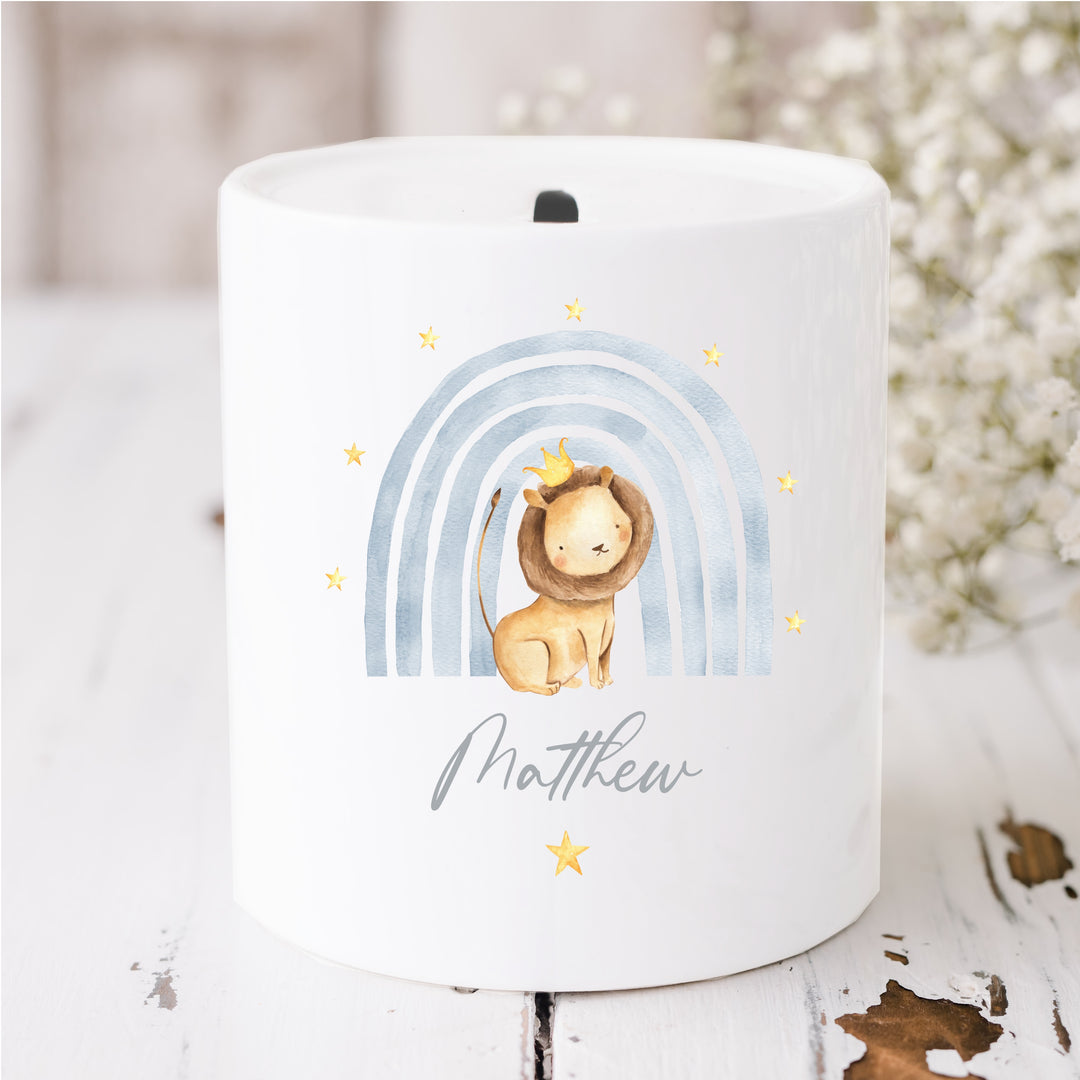 Personalised Blue Lion Rainbow Ceramic Money Box
