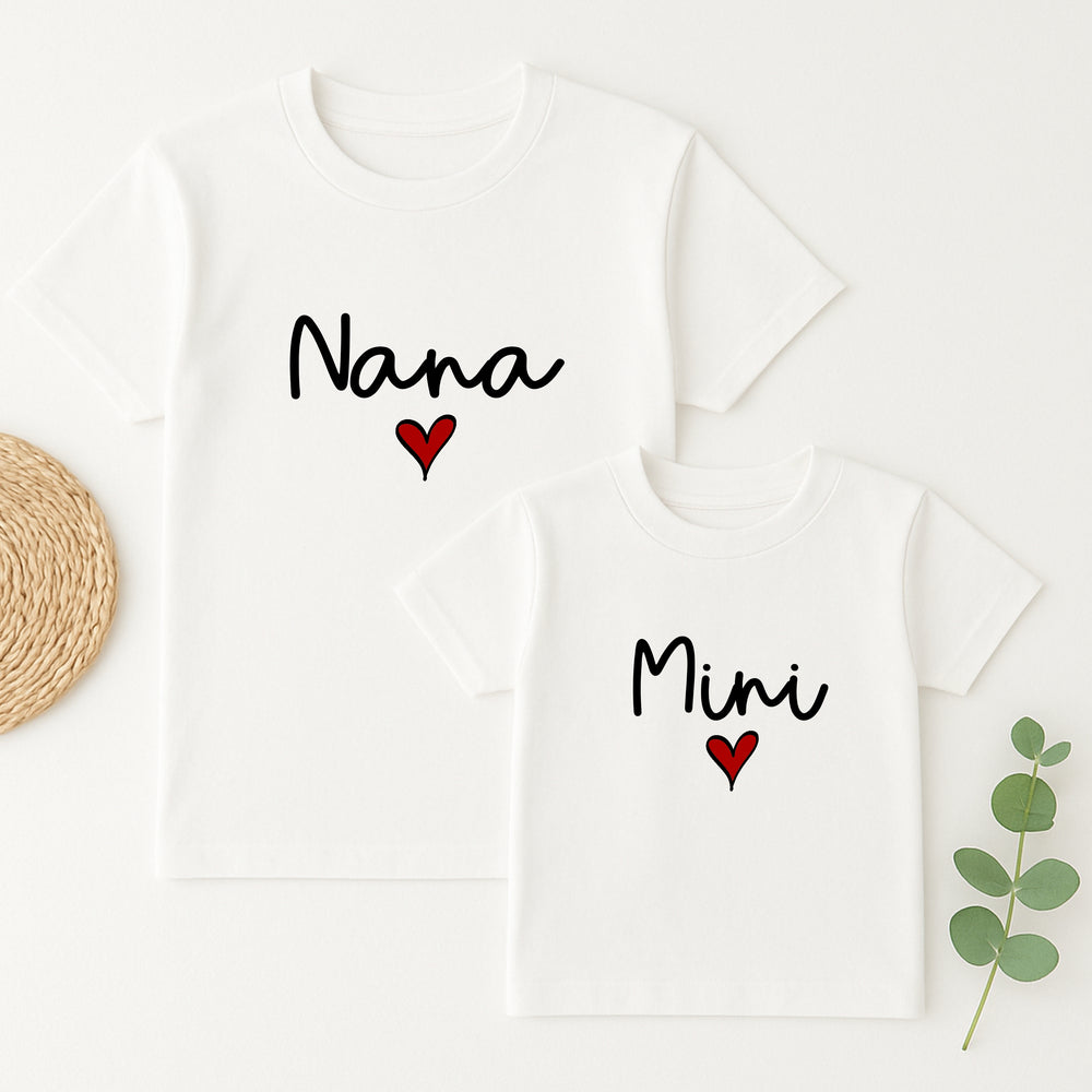 White t-shirt with 'Nana' and 'Mini' text and red hearts on a white background