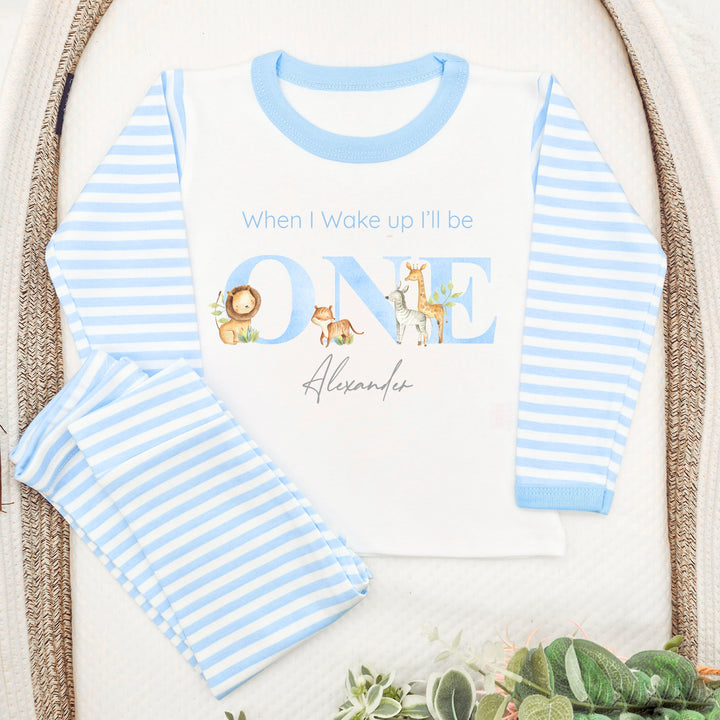 Personalised Jungle Blue Stripe Boys Birthday Pyjamas
