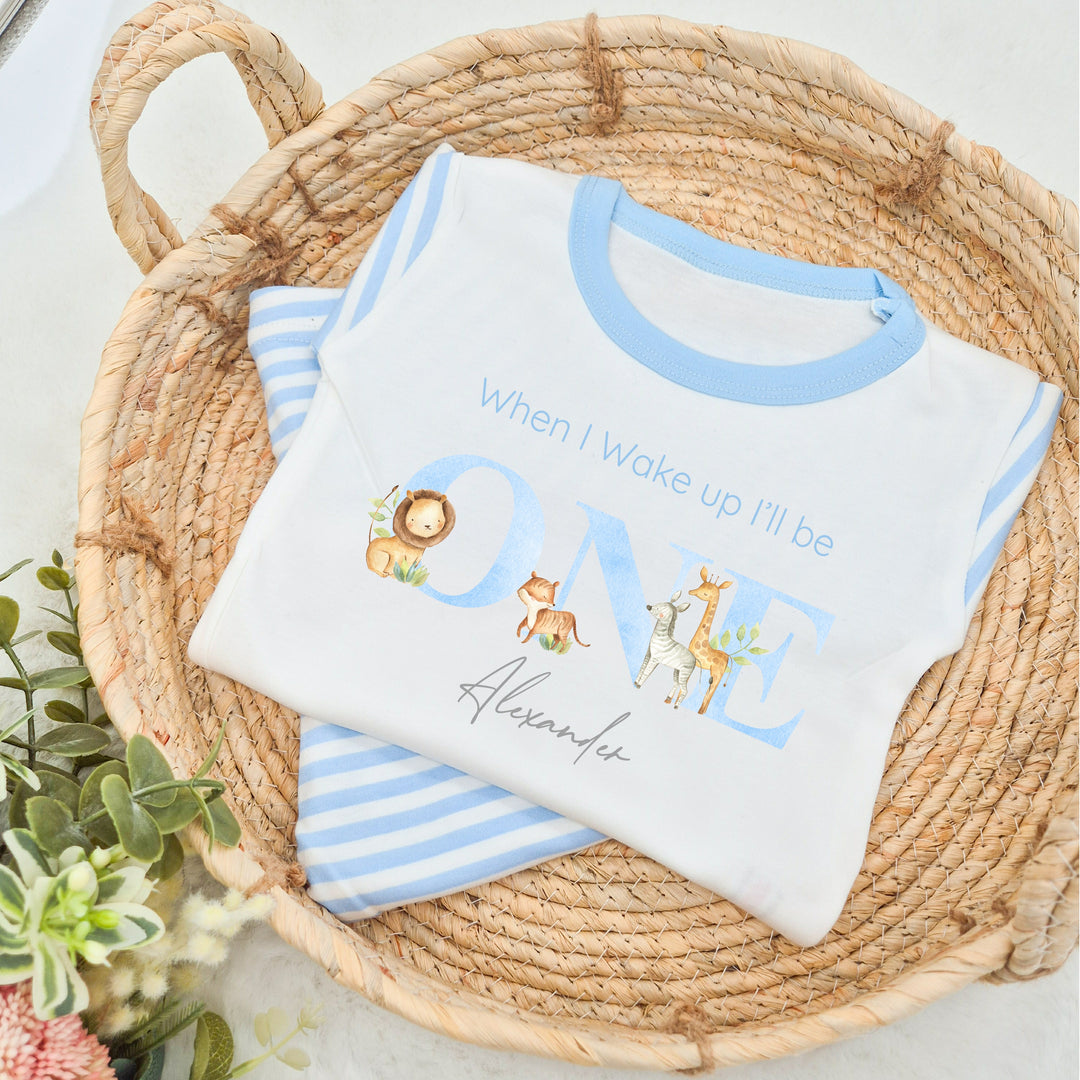 Personalised Jungle Blue Stripe Boys Birthday Pyjamas