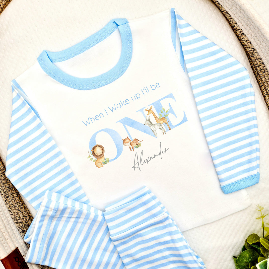 Personalised Jungle Blue Stripe Boys Birthday Pyjamas