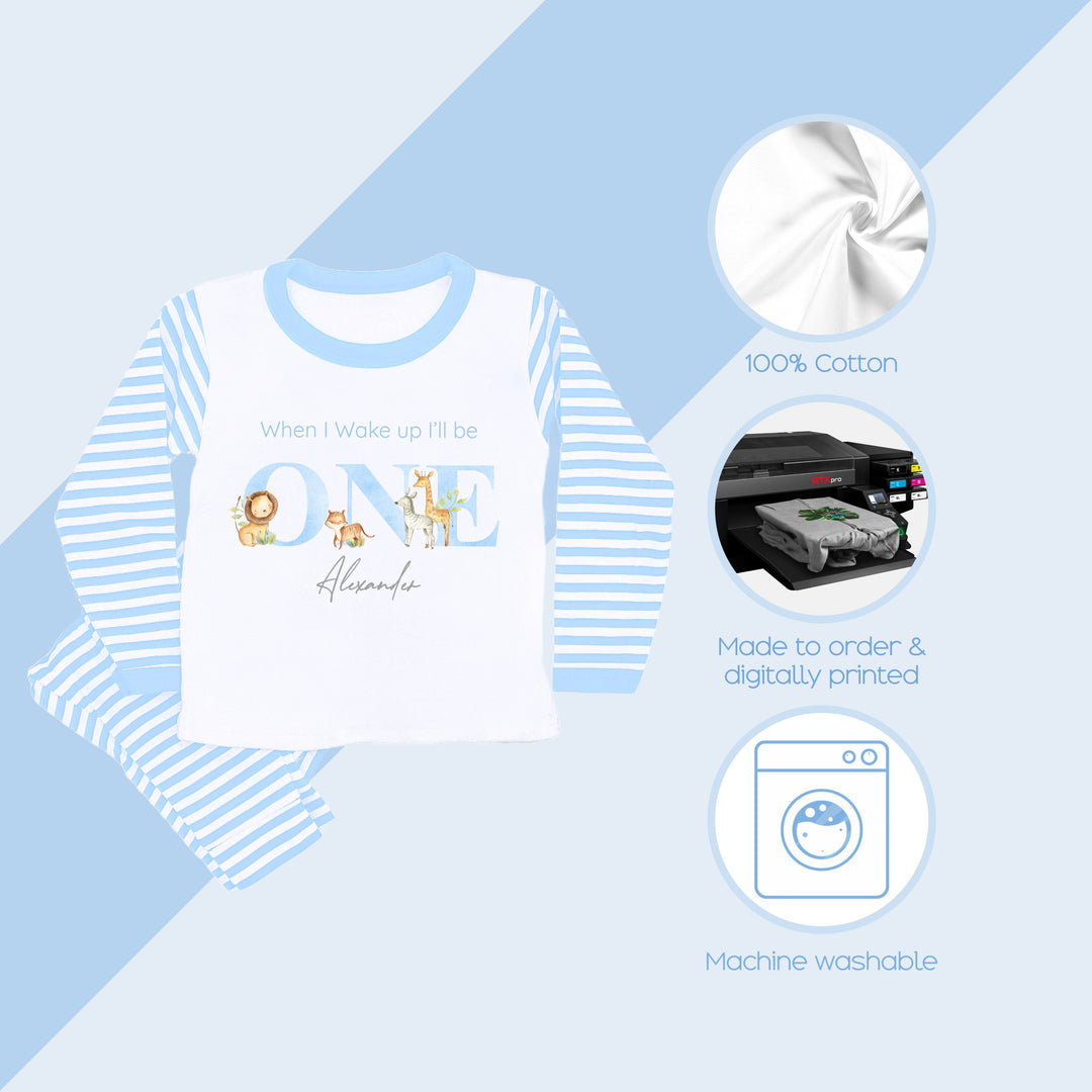 Personalised Jungle Blue Stripe Boys Birthday Pyjamas