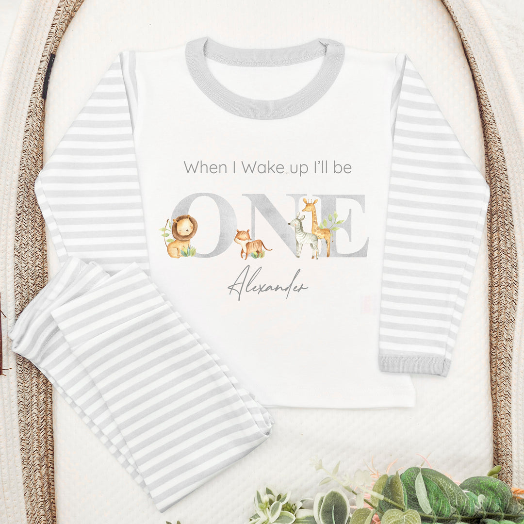 Personalised Jungle Grey Stripe Boys Birthday Pyjamas