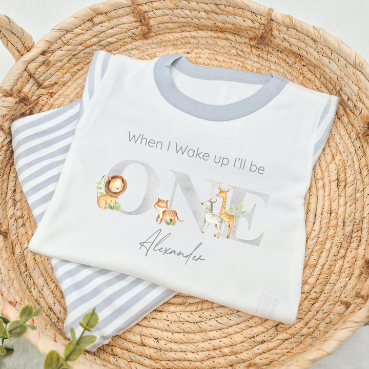 Personalised Jungle Grey Stripe Boys Birthday Pyjamas