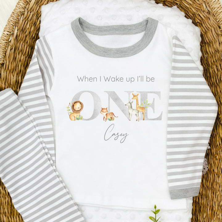 Personalised Jungle Grey Stripe Boys Birthday Pyjamas