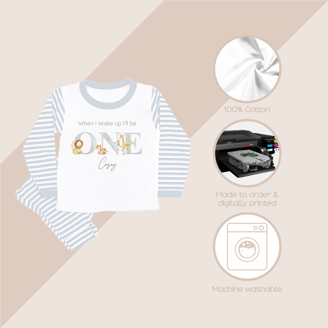 Personalised Jungle Grey Stripe Boys Birthday Pyjamas