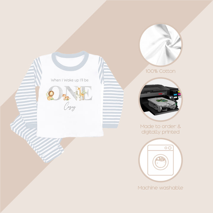 Personalised Jungle Grey Stripe Boys Birthday Pyjamas