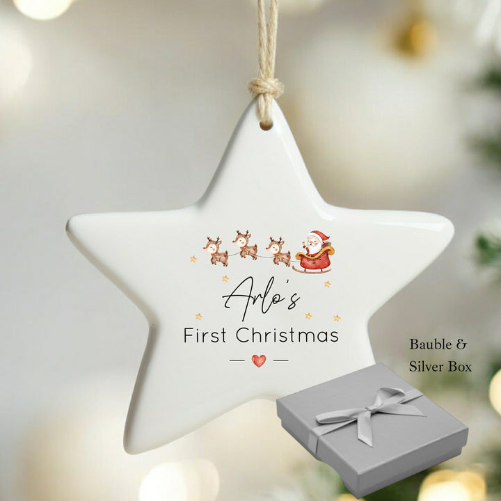 Personalised First Christmas Santa Sleigh Star Bauble