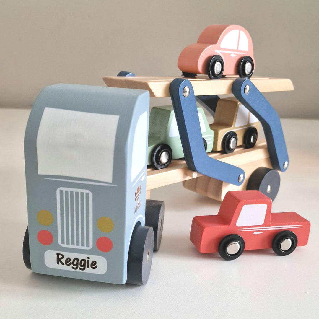 Wooden Car Transport Truck Engraved Toy Set