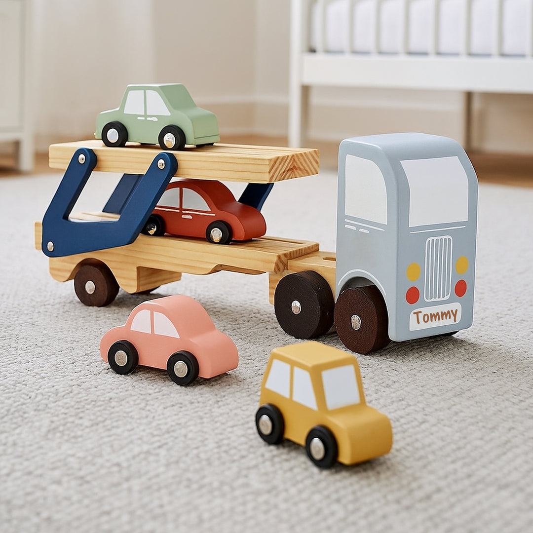 Wooden Car Transport Truck Engraved Toy Set