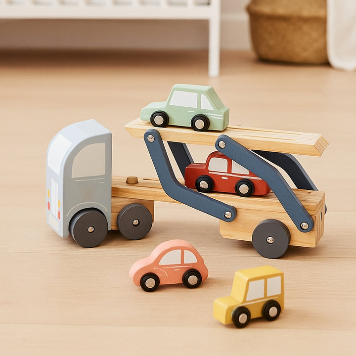 Wooden Car Transport Truck Engraved Toy Set