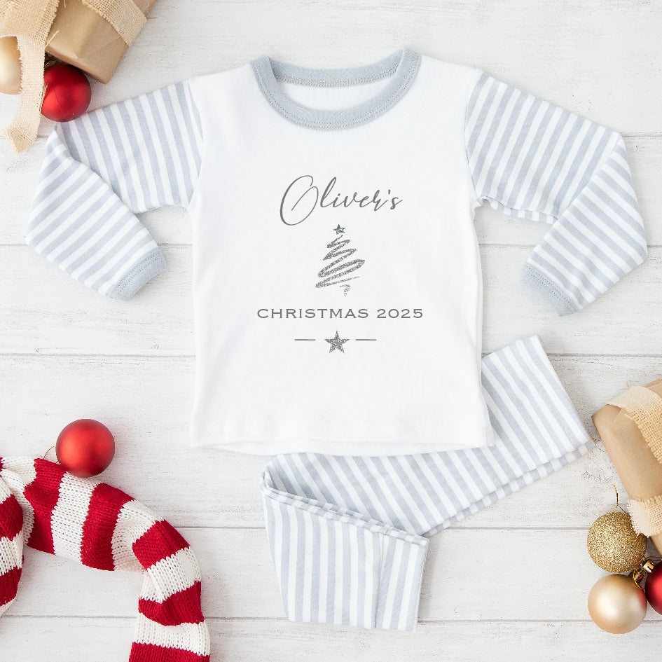Personalised Silver Simple Christmas Grey Striped Christmas Pyjamas