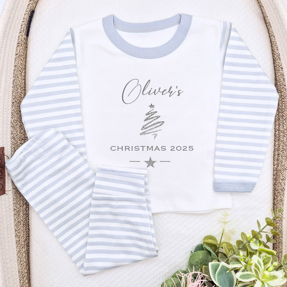 Personalised Silver Simple Christmas Grey Striped Christmas Pyjamas