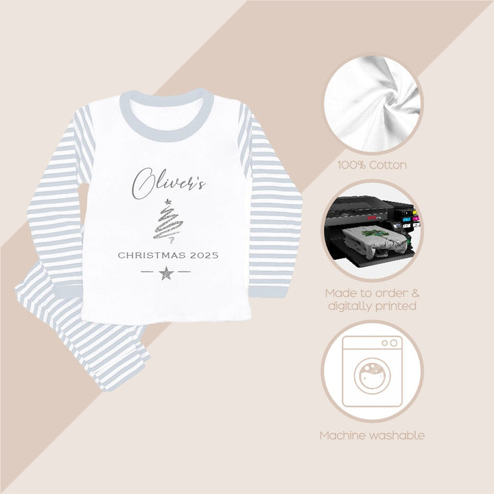 Personalised Silver Simple Christmas Grey Striped Christmas Pyjamas