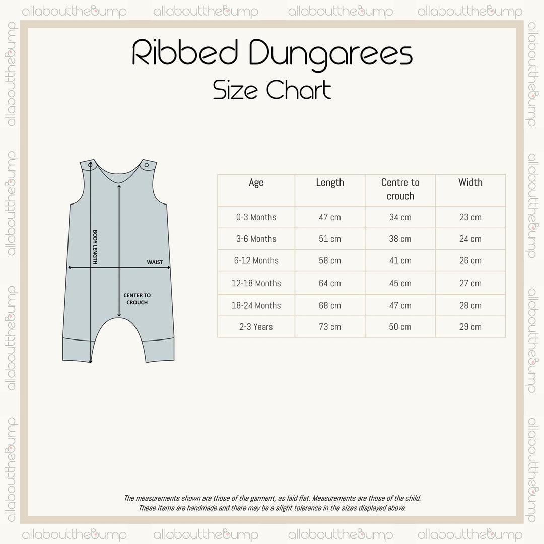 A size chart for the ribbed dungarees. These are available from a 0-3 months to 2-3 years