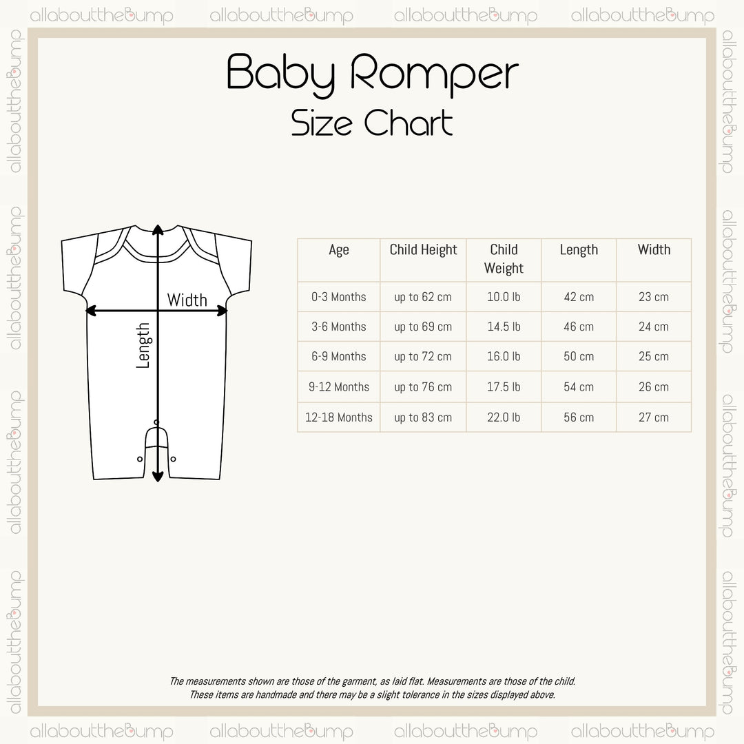 A size chart for the rompers. These are avaliable from a size 0-3 months to 12-18 months