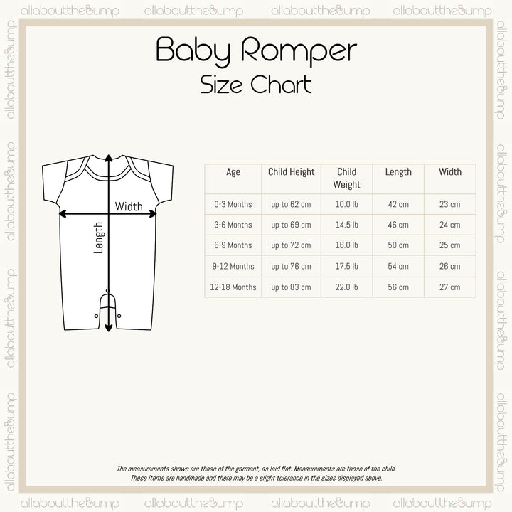 A size chart for the rompers. These are avaliable from a size 0-3 months to 12-18 months