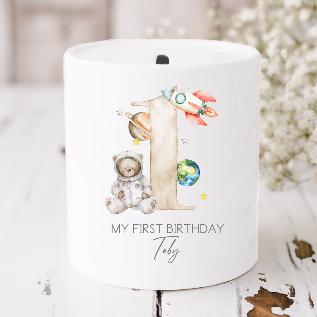 Personalised Beige Spaceman Birthday Money Box