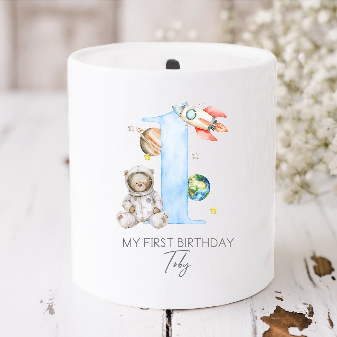 Personalised Blue Spaceman Birthday Money Box