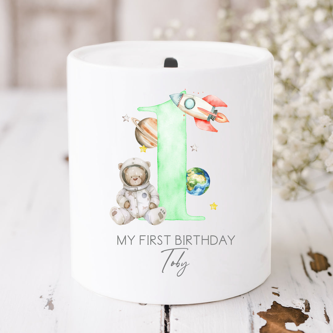 Personalised Green Spaceman Birthday Money Box