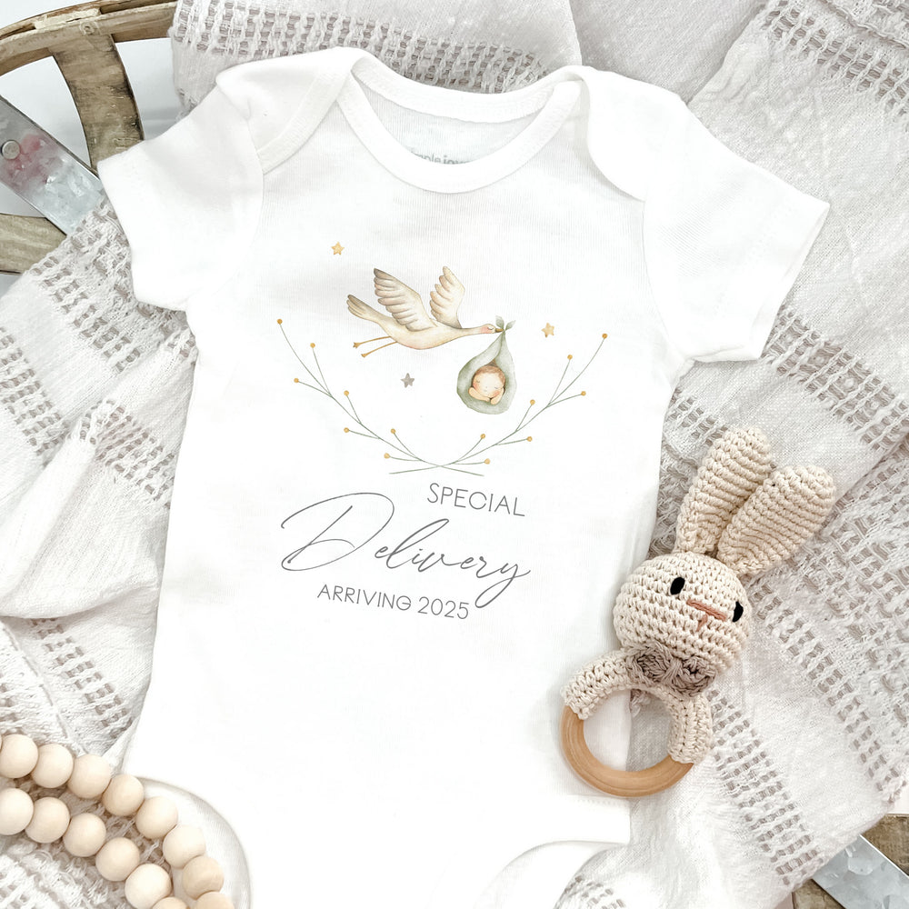 Baby announcement vests that says: 'Special Delivery Arriving 2025' with a white stork carrying a green basket with a baby in it
