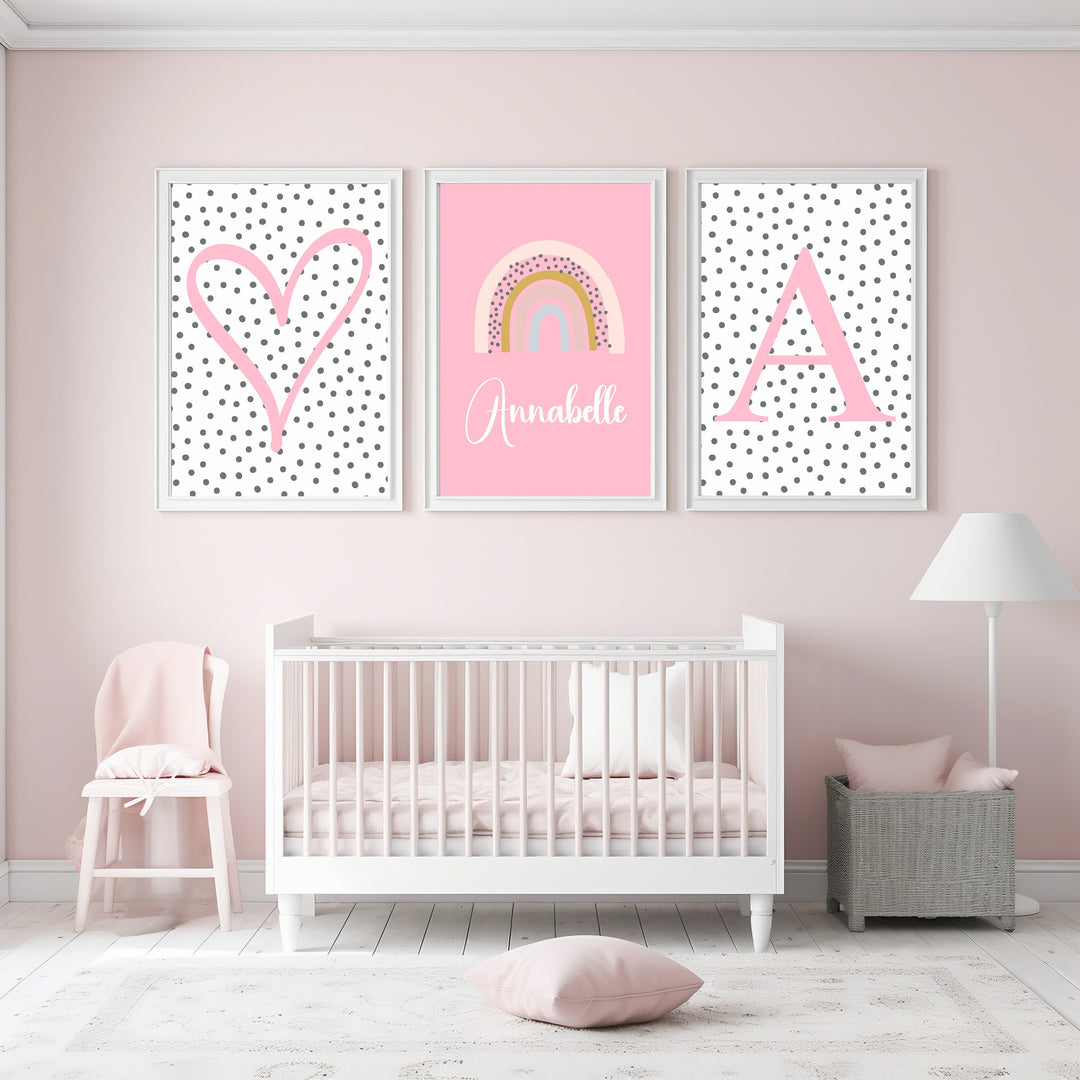Personalised Pink Spotty Rainbow Set of 3 Wall Art
