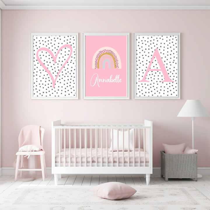 Personalised Pink Spotty Rainbow Set of 3 Wall Art