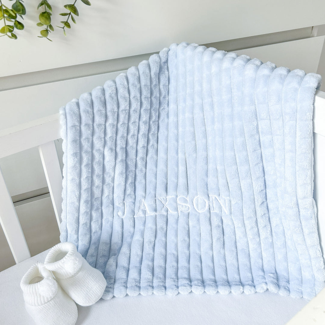 Personalised Boys Embroidered Blue Blanket, Comforter or Gift Set