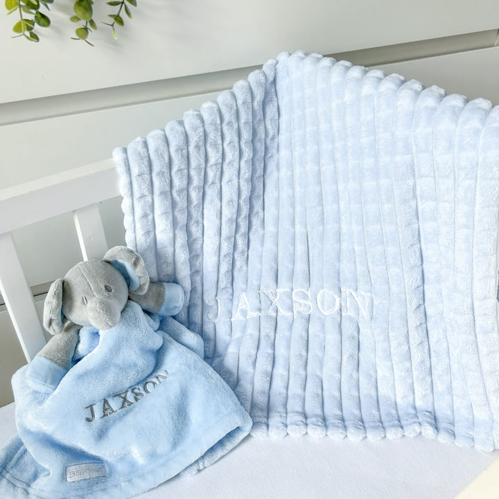 Personalised Boys Embroidered Blue Blanket, Comforter or Gift Set