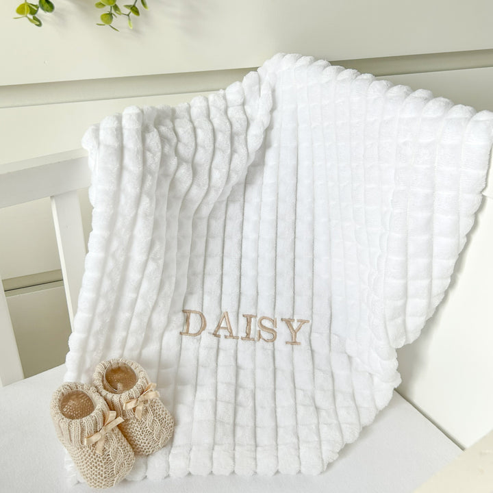 Personalised Unisex Embroidered White Blanket, Comforter or Gift Set