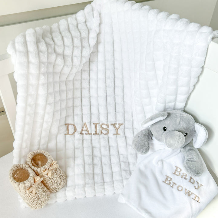 Personalised Unisex Embroidered White Blanket, Comforter or Gift Set